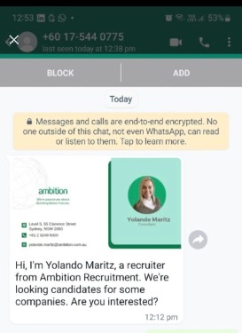 Screenshot of Whatsapp message 