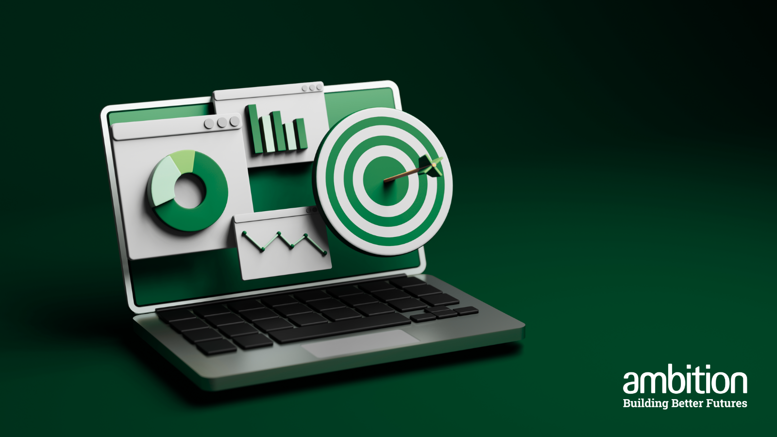 Green background with open laptop showing a bullseye target and a variety of graphs.