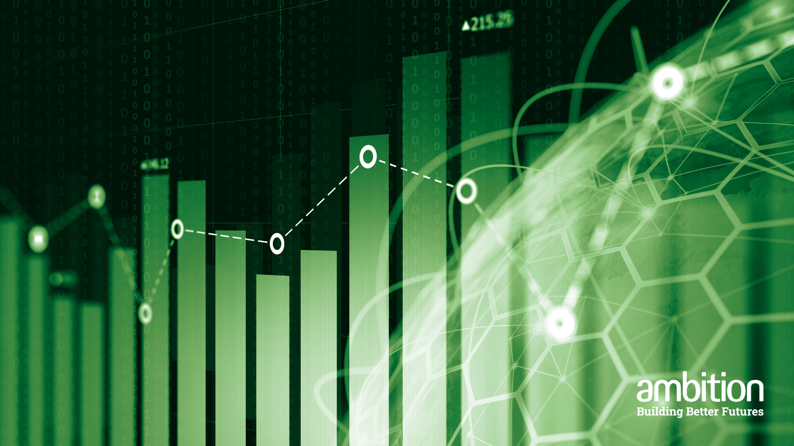 A green bar chart with connected data points