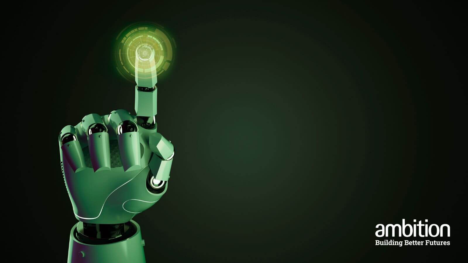 Robotic hand in green with one finger pressing on the screen creating light, against a dark green backdrop