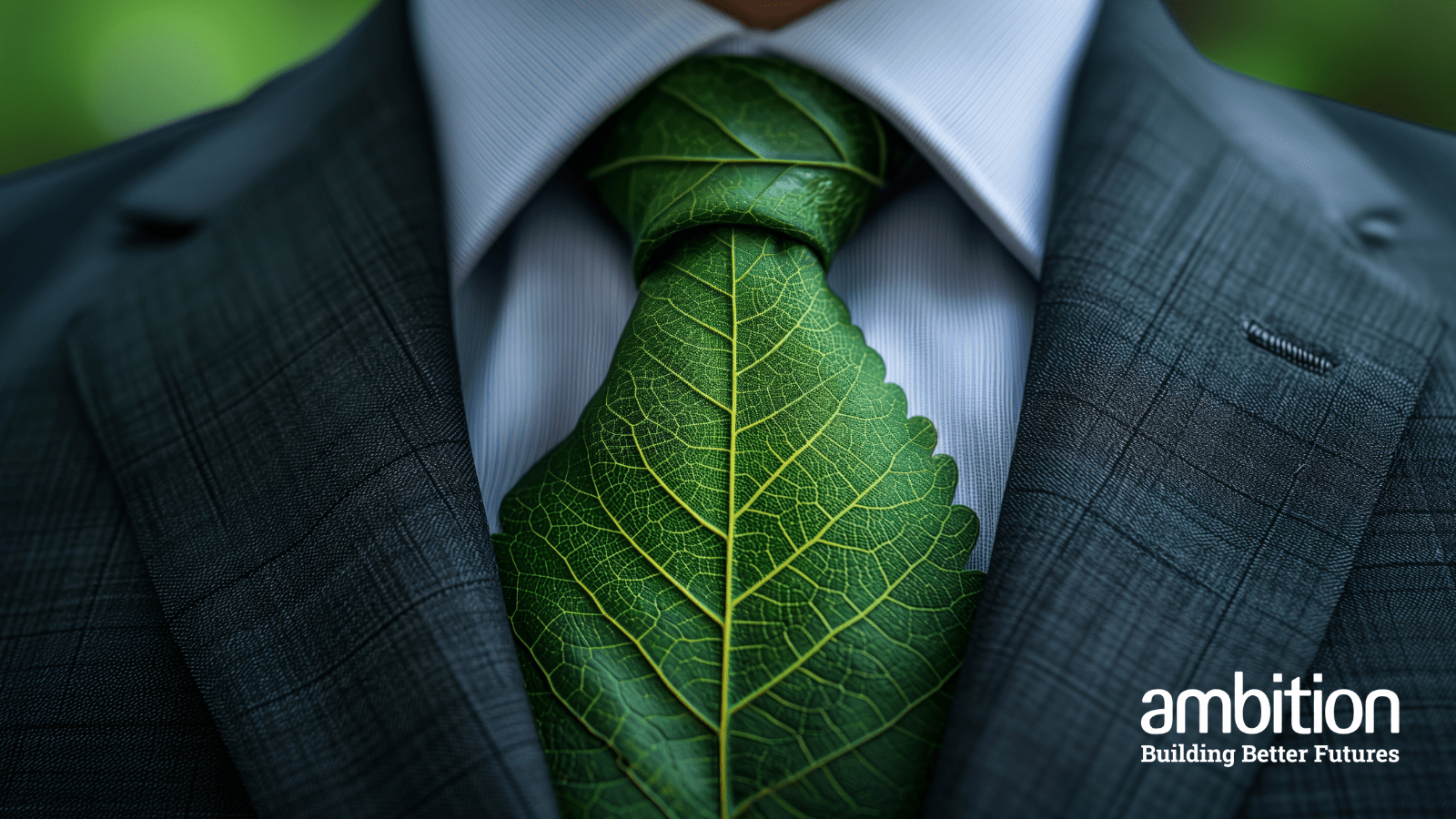 Close up of a tie made of a long leaf, against a cleanly pressed collared white shirt and blue suit jacket. 